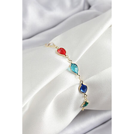 Pirinç Gold Renk Karışık Renk Damla Zirkon Taşlı Kadın Bileklik