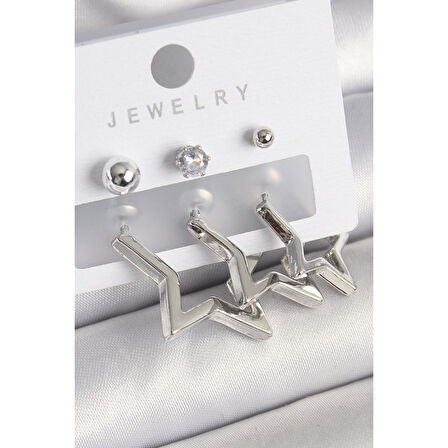 Pirinç Gold Renk Yıldız Model Zirkon Taşlı Topçuk Detay Kadın Küpe Seti