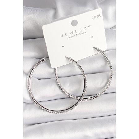 Pirinç Gümüş Renk Zirkon Taşlı Halka Model Kadın Küpe