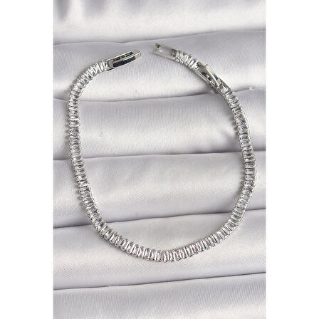 Pirinç Gümüş Renk Zirkon Taşlı Su Yolu Model Kadın Bileklik