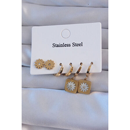 316L Çelik Gold Renk Zirkon Taşlı Sedefli Papatya Model Halka Küpe Seti