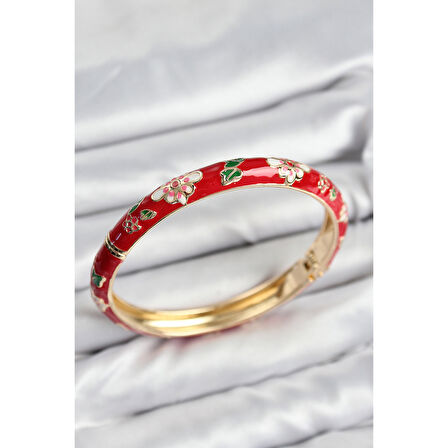 Mineli Pirinç Kırmızı Çiçek Motifli Gold Kadın Kelepçe