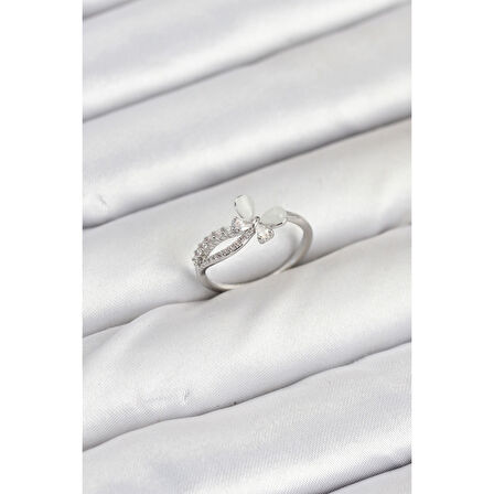 Pirinç Gümüş Renk Kelebek Zirkon Taşlı Kadın Yüzük