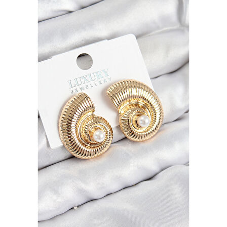 Pirinç İnci Detaylı Girdap Model Gold Renk Kadın Küpe