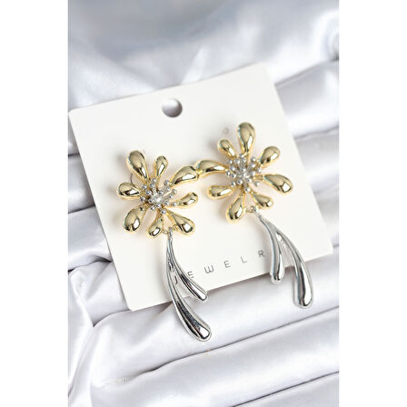 Çiçek Model Gold Gümüş Renk Kadın Küpe