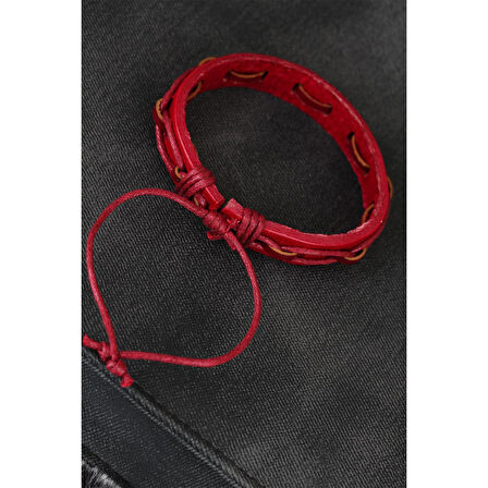 Kırmızı Renk İpli Yeni Sezon Deri Erkek Bileklik