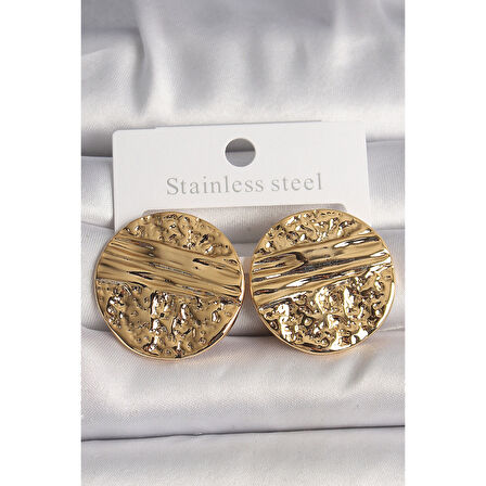 Pirinç Gold Renk İşlemeli Daire Plaka Model Kadın Küpe