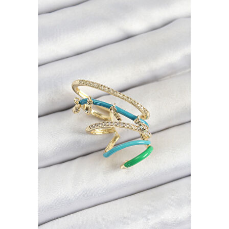 Pirinç Zirkon Taşlı Mavi Yeşil Sıkıştırma Sağ Kıkırdak Gold Renk Kadın Küpe