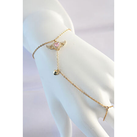 316l Çelik Gold Renk Pembe Zirkon Taşlı Kanatlı Kalp Model Şahmeran - Tj-sn585