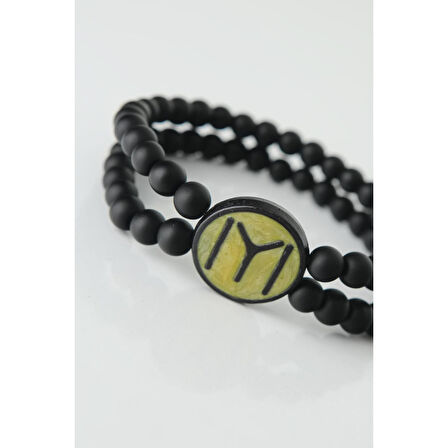 Sarı Renkli Metal Üzerine Siyah Kayı Boyu Figürlü Siyah Renk Çift Sıra Doğal Taş Erkek Bileklik
