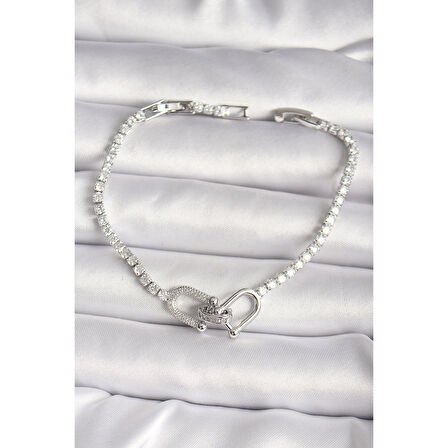 Pirinç Gümüş Renk Su Yolu Zirkon Taşlı Model Kadın Bileklik