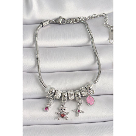 Pirinç Gümüş Renk Zincir Sallantı Zirkon Taşlı Ayıcık Figür Yıldız Detay Kadın Bileklik