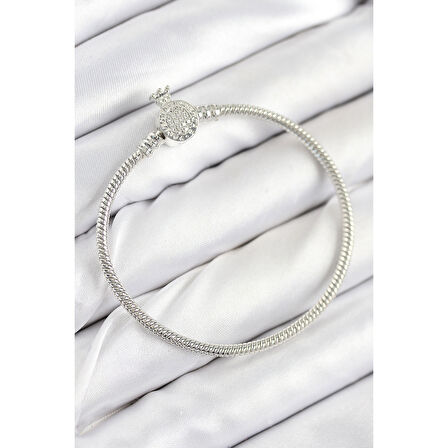Pirinç Charm Zirkon Taşlı Taç Model Gümüş Renk Kadın Bileklik