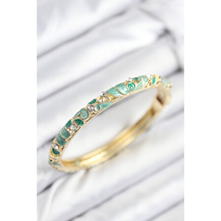 Mineli Pirinç Zirkon Taşlı Zümrüt Yeşili Çiçek Motifli Gold Kadın Kelepçe