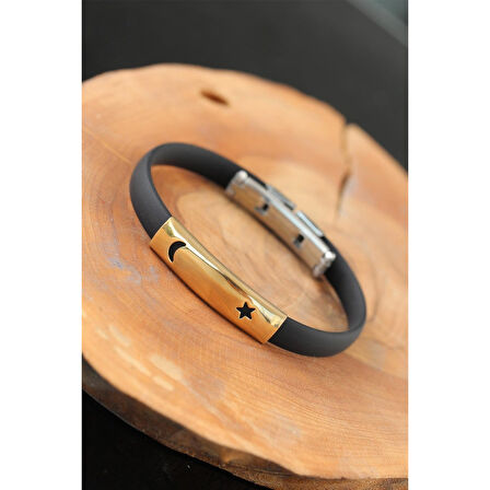 Gold Renk Metal Ay Yıldız Tasarım Siyah Renk Silikon Erkek Bileklik