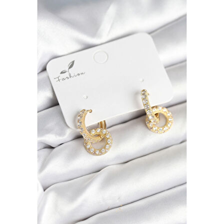 Gold Renk Pirinç Zirkon Taşlı Halka Model Kadın Küpe