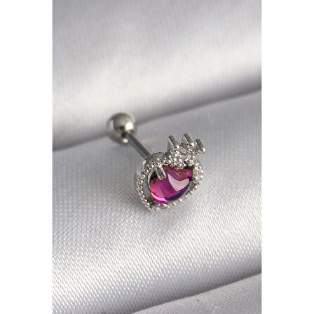 316l Çelik Gümüş Renk Pembe Mineli Kalp Zirkon Taş Detaylı Taç Tragus Piercing - Tj-pr1263