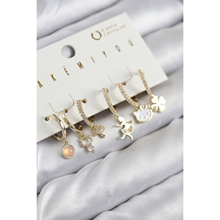 Pirinç Zirkon Taşlı Hello Kity Ve Yonca Model Gold Renk 6'lı Küpe Set