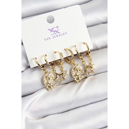 Pirinç Zİrkon Taşlı Ay ve Yıldız Model Gold Renk 3'lü Çift Kadın Küpe