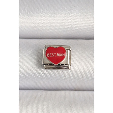 316L Çelik Gümüş Renk 'Best Man' Yazılı Kırmızı Kalp İşlemeli Nomination Charm