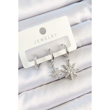 Pirinç Zirkon Taşlı Kutup Yıldızı Model Gümüş Renk 3'lü Çift Kadın Küpe Set