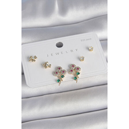 Pirinç Gold Renk Renkli Zirkon Taşlı Çiçek Model Yaprak Detay 925 Ayar Gümüş Çivi Kadın Küpe Seti