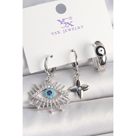 Pirinç Gümüş Renk Zirkon Taşlı Göz Model Nazar Boncuk Detay 3'Lü Kadın Kombin Küpe