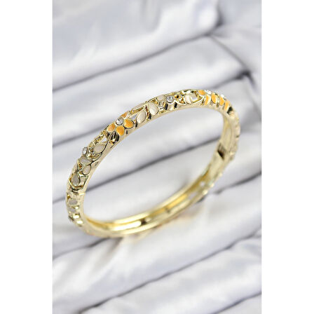 Mineli Pirinç Zirkon Taşlı Sarı Krem Çiçek Motifli Gold Kadın Kelepçe