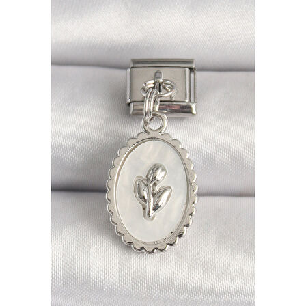 316L Çelik Gümüş Renk Beyaz Mineli Çiçek İşlemeli Nomination Charm