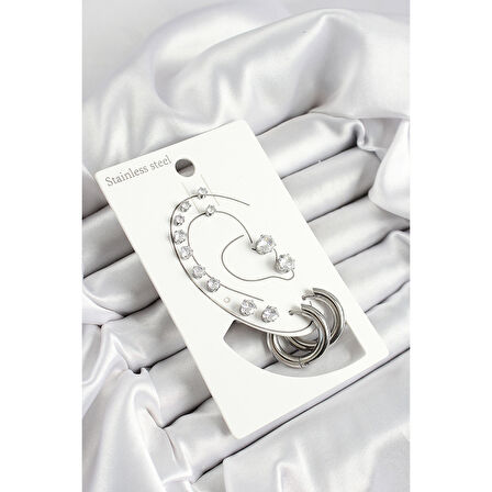 316L Çelik Halka Figürlü Ve Zirkon Taşlı Gümüş Renk 7'li Çift Kadın Küpe Set