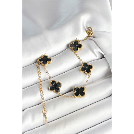 316L Çelik Sedefli Siyah Gold Renk Yonca Kadın Bileklik