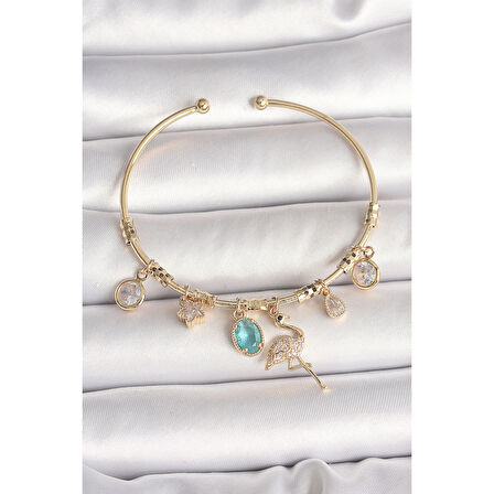 Pirinç Gold Renk Zirkon Taşlı Sallantı Filamingo Figür Charm Kadın Bileklik