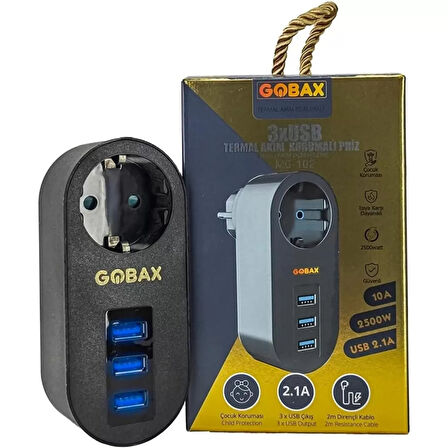 Gobax Termal Akım Korumalı Akıllı Priz 3xusb Li, Çocuk Korumalı, Led Işıklı, Yüksek Isıya Dayanıklı (4915)