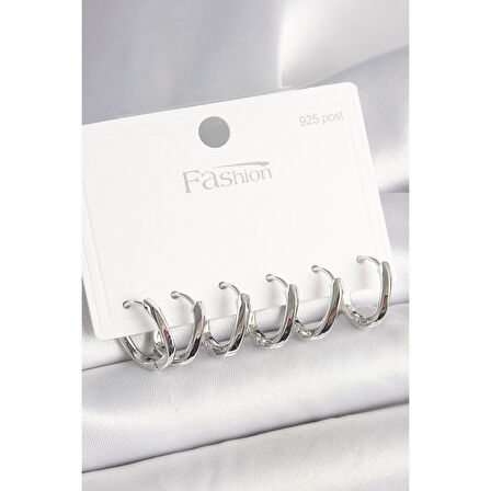 925 Ayar Gümüş Çivi Pirinç Oval Halka Model Kadın Küpe Seti