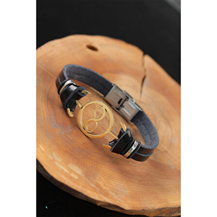 Gold Renk Sonsuzluklu Metal Aksesuarlı Siyah Renk Deri Erkek Bileklik