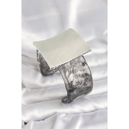 Siyah Mermer Desen Akrilik Plastik Gümüş Kare Plaka Model Vintage Kadın Bilezik