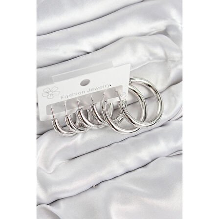 Pirinç Halka Model Gümüş Renk Kadın Set Küpe