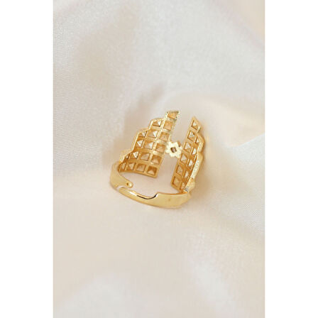 Ayarlamalı Gold Renk Metal Zirkon Taşlı Piramit Yüzük