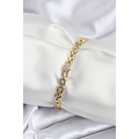 Pirinç VIP Seri Gold Renk Zincir Model Kalpli Zirkon Taşlı Kadın Bileklik