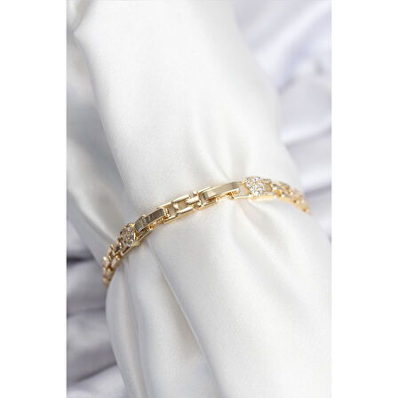 Pirinç VIP Seri Gold Renk Zincir Model Kalpli Zirkon Taşlı Kadın Bileklik