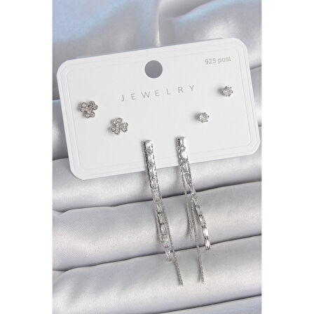 Pirinç Gümüş Renk Su Yolu Zirkon Taşlı Sallantı Model Çiçek Detay 925 Ayar Gümüş Çivi Kadın Küpe Seti