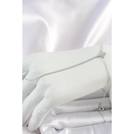 Pirinç Gümüş Renk Su Yolu Zirkon Taşlı İşlemeli Yonca Model Kadın Şahmeran