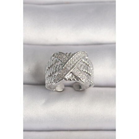 Pirinç Gümüş Renk Ayarlanabilir Zirkon Taşlı X Model Kadın Yüzük