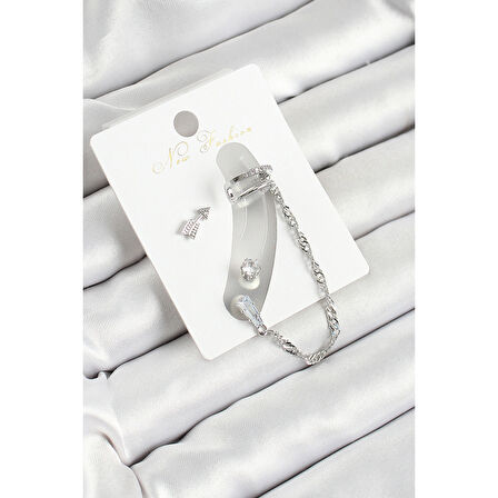 Pirinç Ok Figürlü Zirkon Taşlı Gümüş Renk 3'lü Kıkırdak Kadın Küpe Set