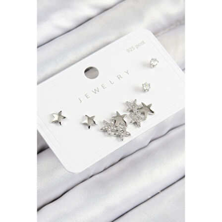 Pirinç Zirkon Taşlı Yıldız Model Gümüş Renk 925 Ayar Gümüş Çivi Kadın Küpe Set