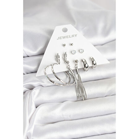 Gümüş Renk Pirinç 6 Çiftli Kadın Küpe Seti