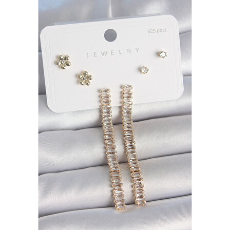 Pirinç Gold Renk Su Yolu Zirkon Taşlı Sallantı Model Çiçek Detay 925 Ayar Gümüş Çivi Kadın Küpe Seti