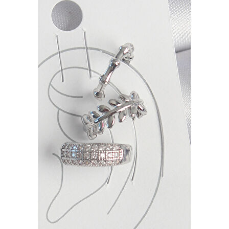 Pirinç Gümüş Renk Zirkon Taşlı 3'Lü Model Yaprak Figür Kadın Kıkırdak Küpe