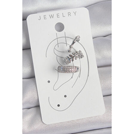 Pirinç Gümüş Renk Zirkon Taşlı 3'Lü Model Yaprak Figür Kadın Kıkırdak Küpe