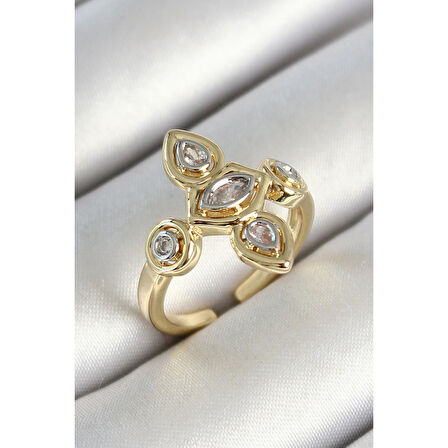 Pirinç Beş Taş Trend Figür Zirkon Taşlı Gold Renk Ayarlanabilir Kadın Yüzük